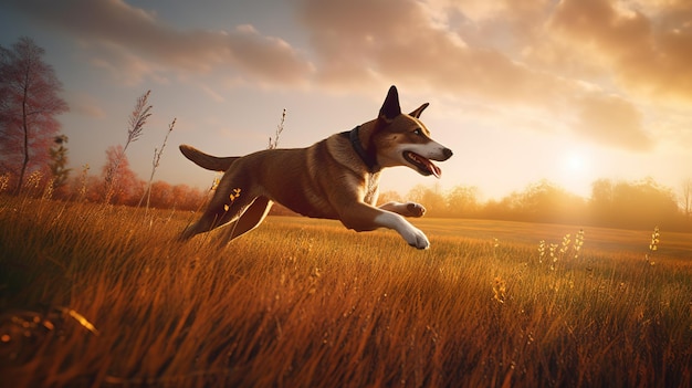 A Happy Dog Leaping with Delight across the Sunlit Field Generative AI