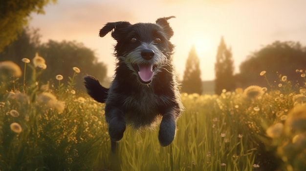 A Happy Dog Leaping with Delight across the Sunlit Field Generative AI