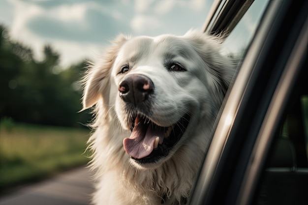 Happy dog looks out from car window Road trip with dog Generative AI