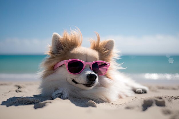 Happy Dog Lounging on Sandy Shoreline generative AI