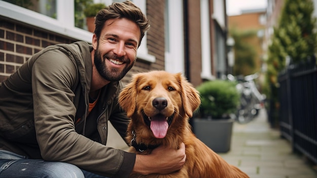 Happy dog and man together friend of people at home