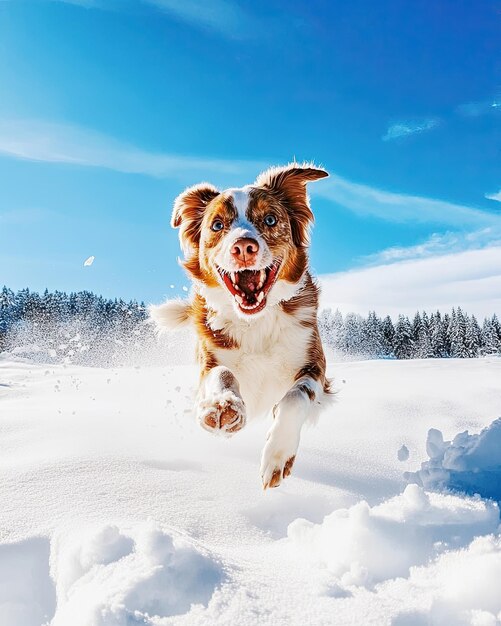 Happy Dog Playing in the Snow Under a Clear Blue Sky During Winter