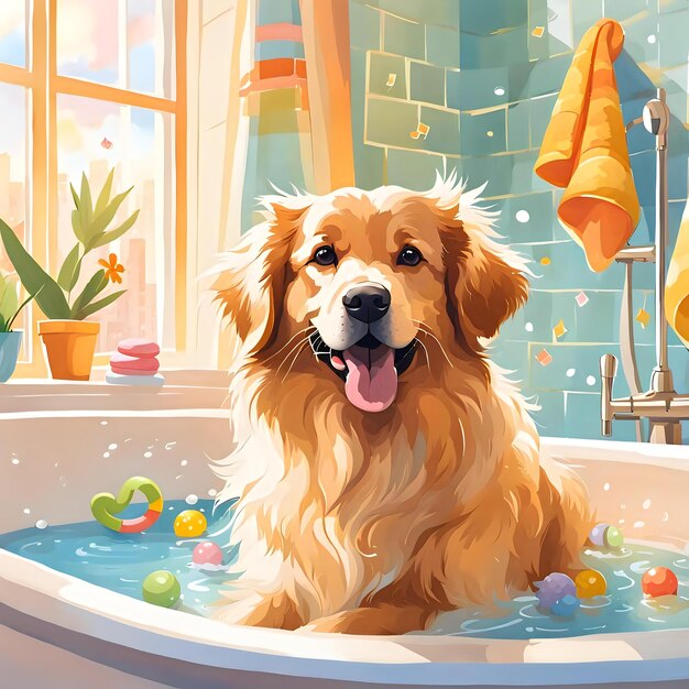 Photo happy dog plays in bathtub with foam