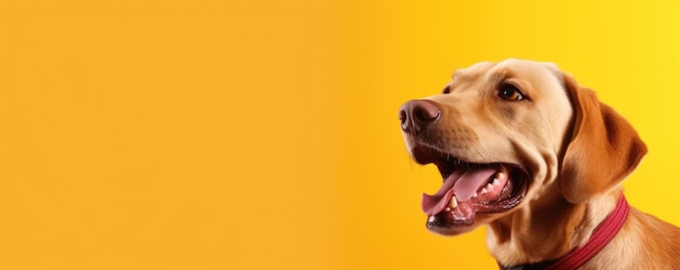 Happy dog puppy isolated on bright yellow background with copy space