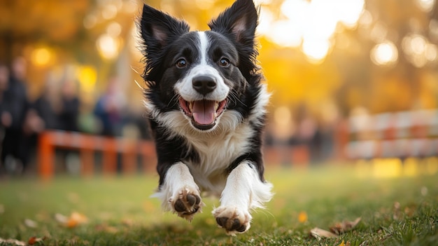 Happy Dog Running in Autumn Park Setting