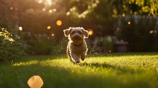 Happy dog running through a sunlit garden in the late afternoon creating joyful splashes of water in the grass