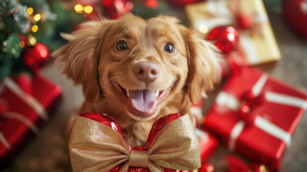 A happy dog in a shiny Christmas present costume with a large bow on its back sitting near holiday decorations