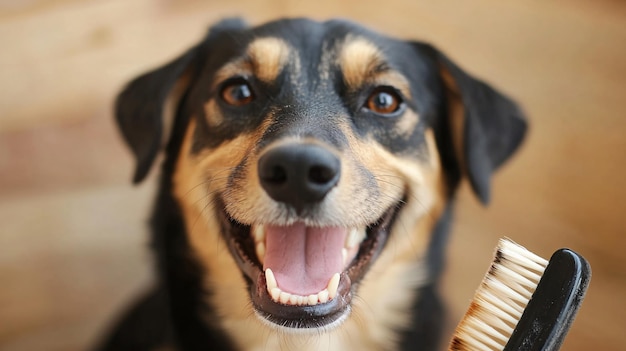 Photo happy dog showing teeth is posing with a dog brush for dog39s healthcare