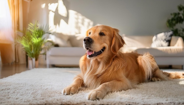 happy dog sitting in the middle of the room