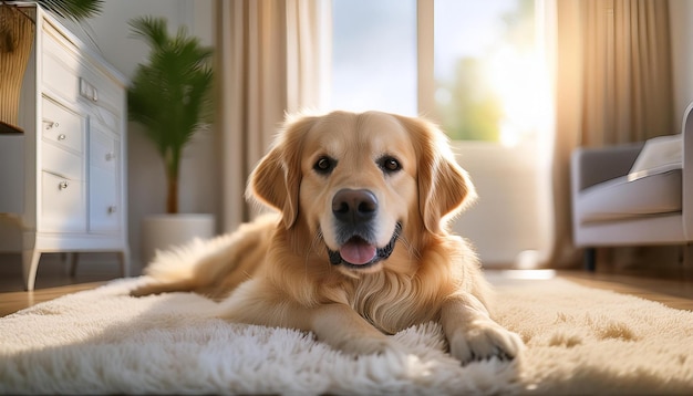 happy dog sitting in the middle of the room