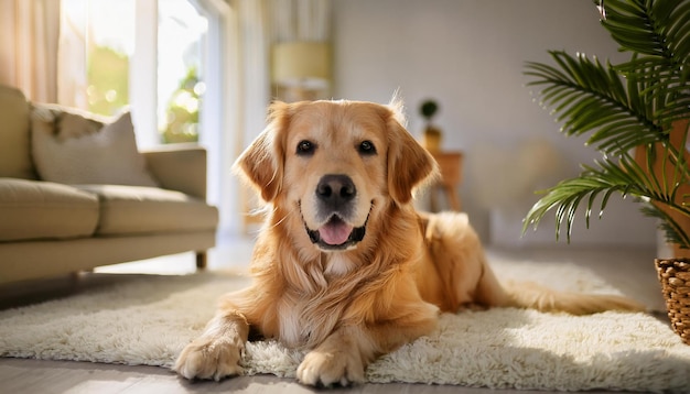 happy dog sitting in the middle of the room