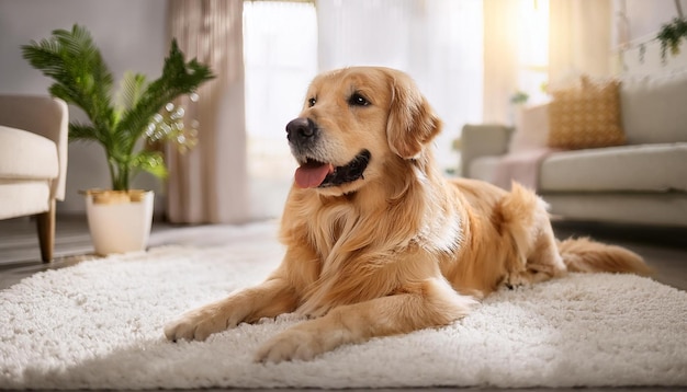 happy dog sitting in the middle of the room