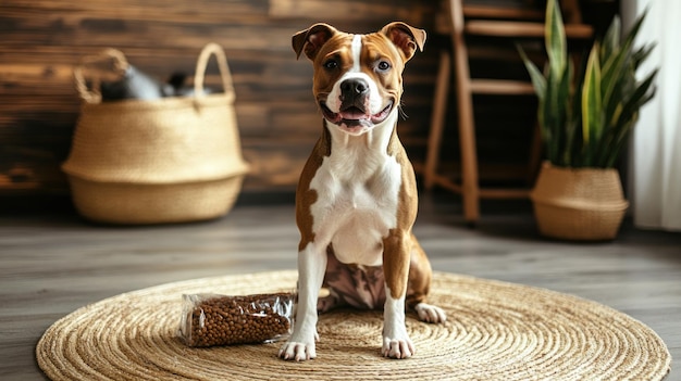 Happy Dog Sitting on a Rug with Dog Food