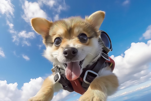 Happy dog skydiver flies in the sky from an airplane