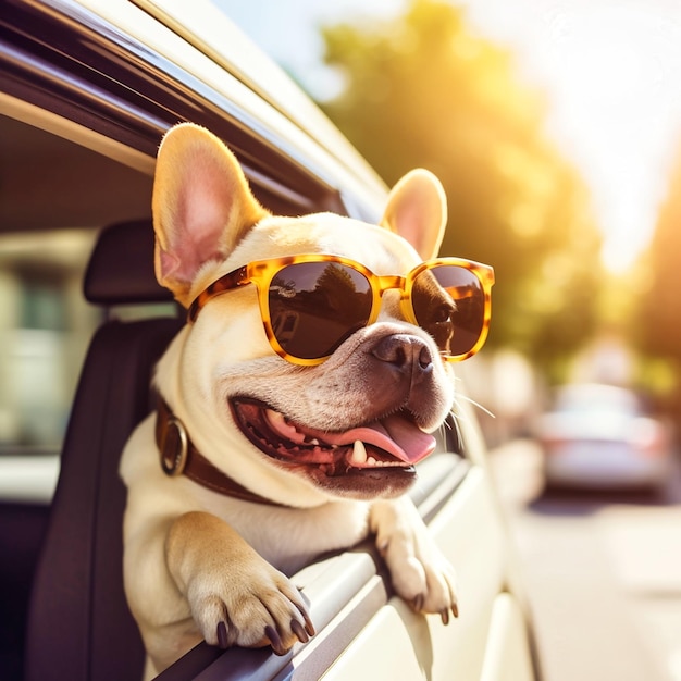 A happy dog in sunglasses looks out of the car window