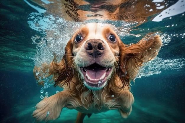 Happy Dog Swimming Underwater