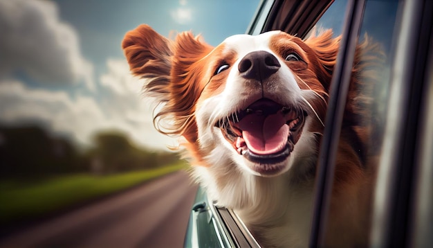 Happy dog traveling in car AI based