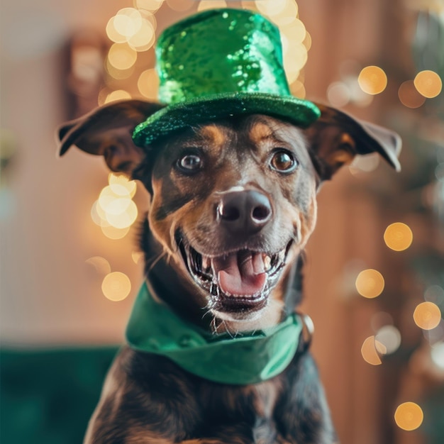 Happy Dog Wearing St Patrick39s Day Hat A joyful dog sporting a sparkling green leprechaun hat and bandana ready to celebrate St Patrick39s Day with festive cheer