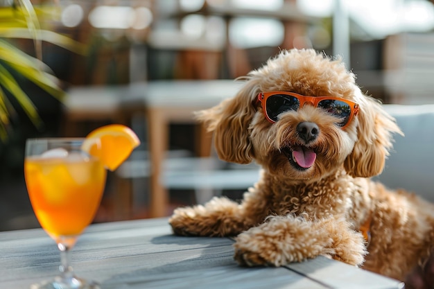 Happy dog wearing sunglasses relaxing with a cocktail garnished with orange capturing a fun and