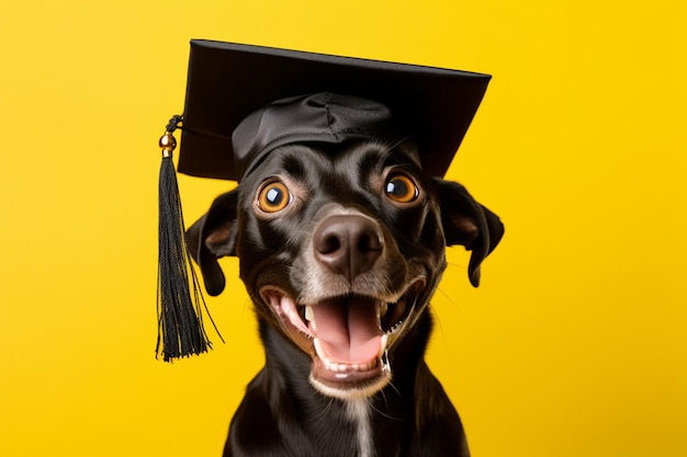 Happy dog with graduation cap on yellow background Concept of education and learning