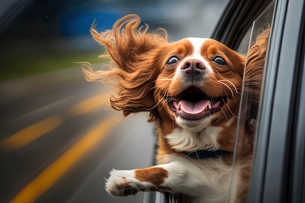 Happy dog with head out of the car window ai generative