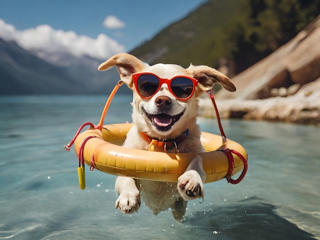 Photo happy dog with sunglasses and floating ring