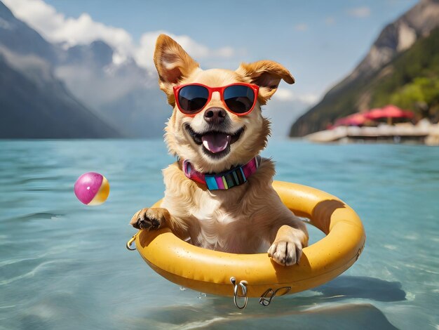 Photo happy dog with sunglasses and floating ring