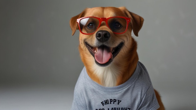 Photo happy dog with t shirt and glasses on white background dog with glasses with copy space background