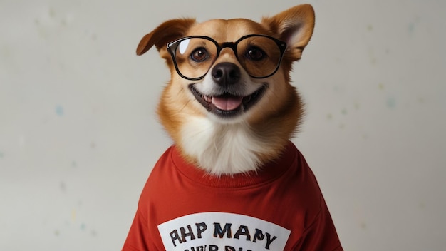 Photo happy dog with t shirt and glasses on white background dog with glasses with copy space background