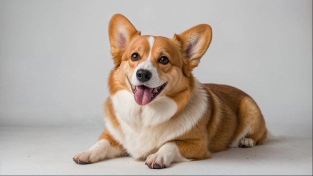 A happy dog with a tongue sticking out is laying on a white background