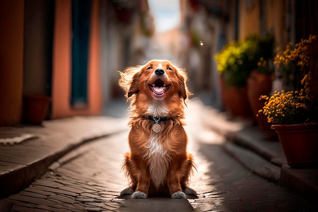 Happy doggie in street summertime