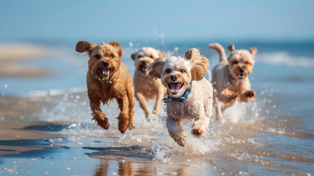 Photo happy dogs running on the beach