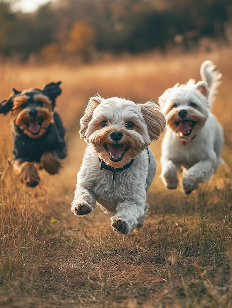 Photo happy dogs running freely in open fields