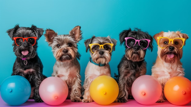 Photo happy dogs with party balloons and glasses on blue background