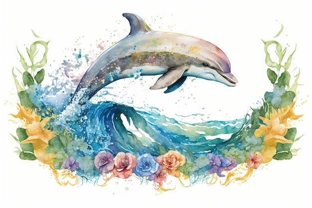 Happy dolphin in hand drawing watercolor style with summer flower decoration