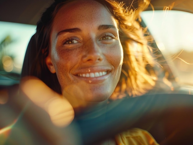 Photo a happy driver with a smile on her face behind the wheel of a vehicle