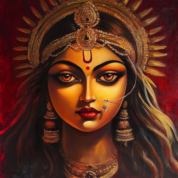 Happy durga puja photo illustration with goddess maa durga face dussehra navratri festival