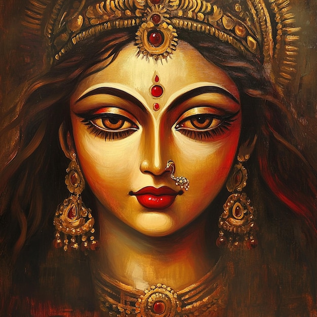 Happy durga puja photo illustration with goddess maa durga face dussehra navratri festival