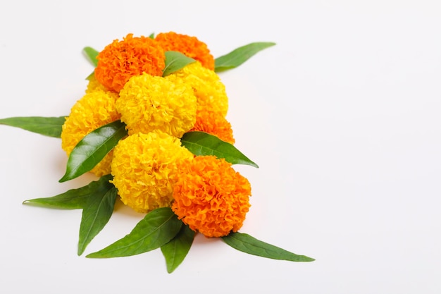 Happy Dussehra greeting card green leaf and marigold flower