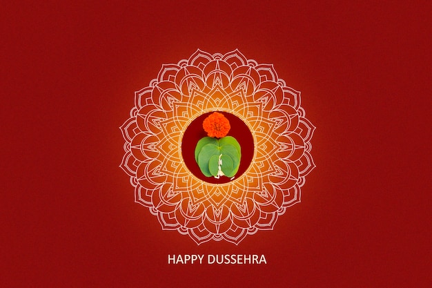 Happy Dussehra greeting card , green leaf and rice, Indian festival dussehra