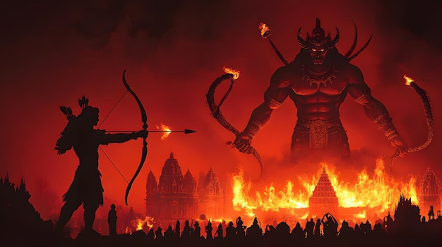 Happy Dussehra illustration War of Lord Rama and Ravana Vijayadashami Navratri and Durga Puja fes