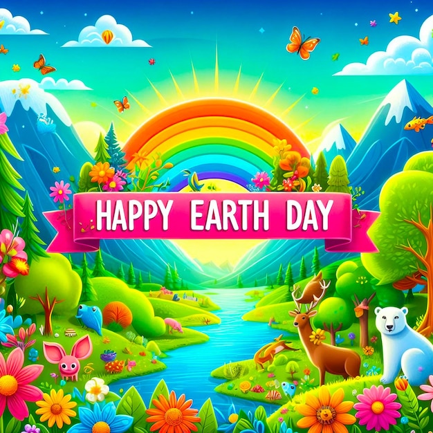 Happy Earth Day Illustration with Wildlife and Rainbow