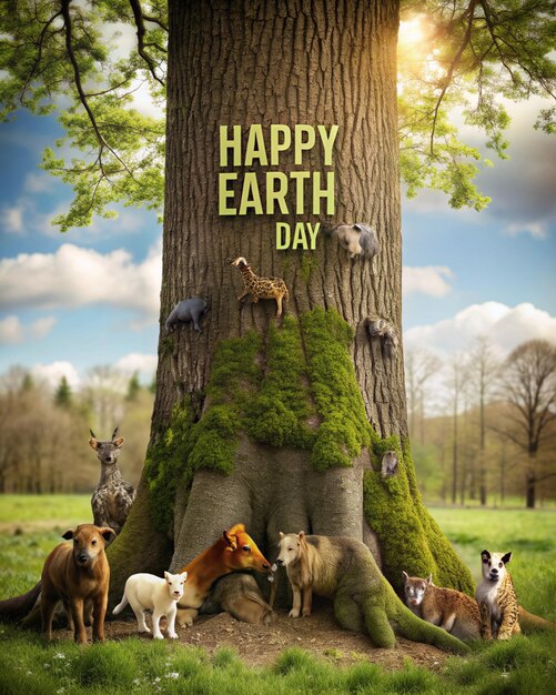 Happy Earth Day Poster on a tree trunk with various animals around