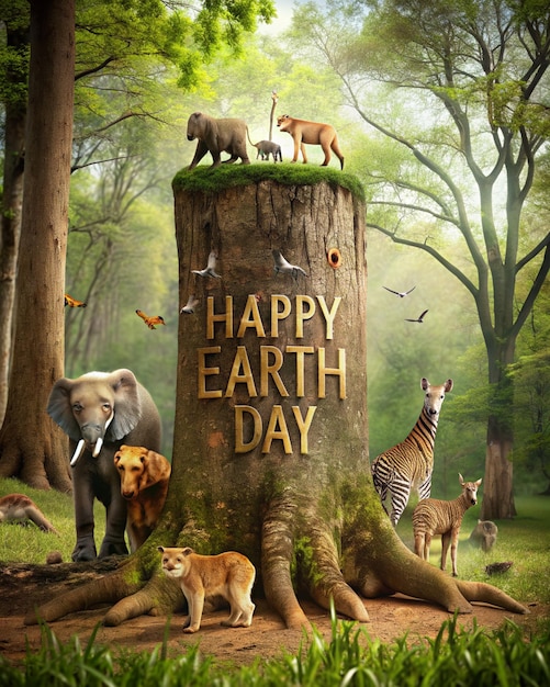 Happy Earth Day Poster on a tree trunk with various animals around