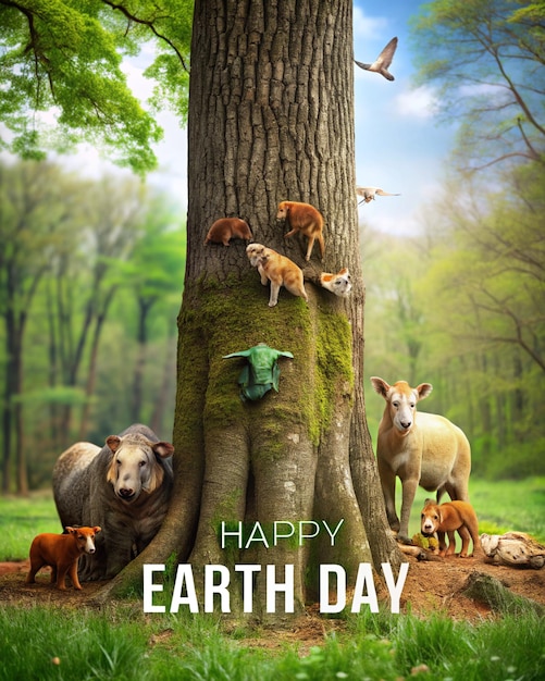 Happy Earth Day Poster on a tree trunk with various animals around