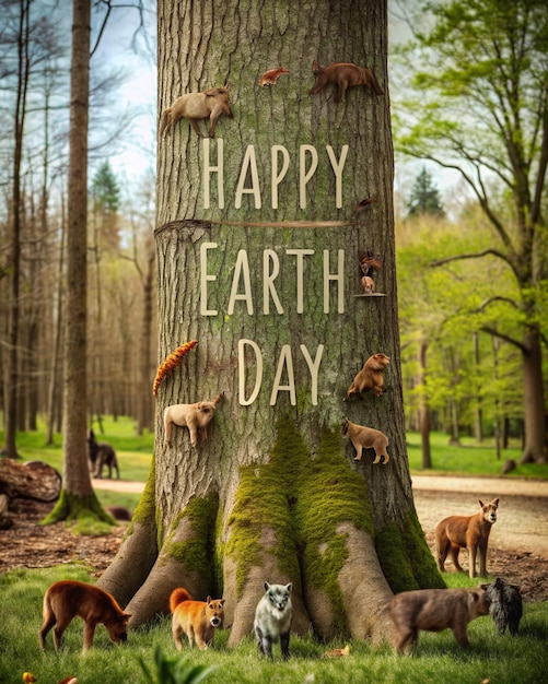 Happy Earth Day Poster on a tree trunk with various animals around