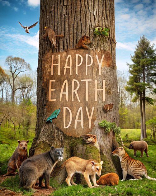 Happy Earth Day Poster on a tree trunk with various animals around