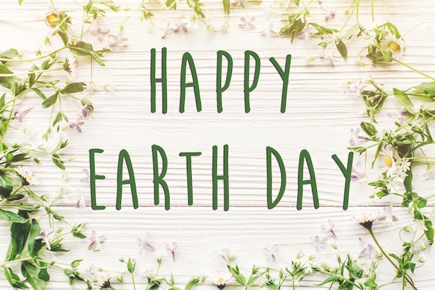 Happy earth day text sign on beautiful lilac and daisy flowers on rustic white wooden background top view greeting card environmental concept earth day save environment eco