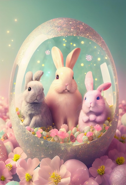 Happy easter Adorable bunny in flower meadow pastel colored Generative AI