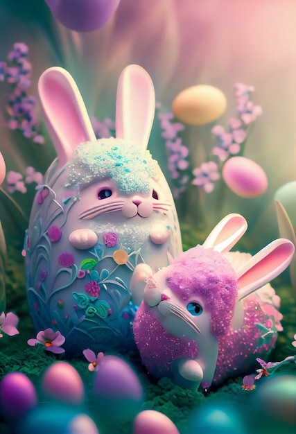 Happy easter Adorable bunny in flower meadow pastel colored Generative AI